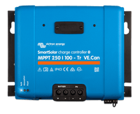 Front view of Victron SmartSolar MPPT 250/100-Tr VE.Can solar charge controller with terminal markings
