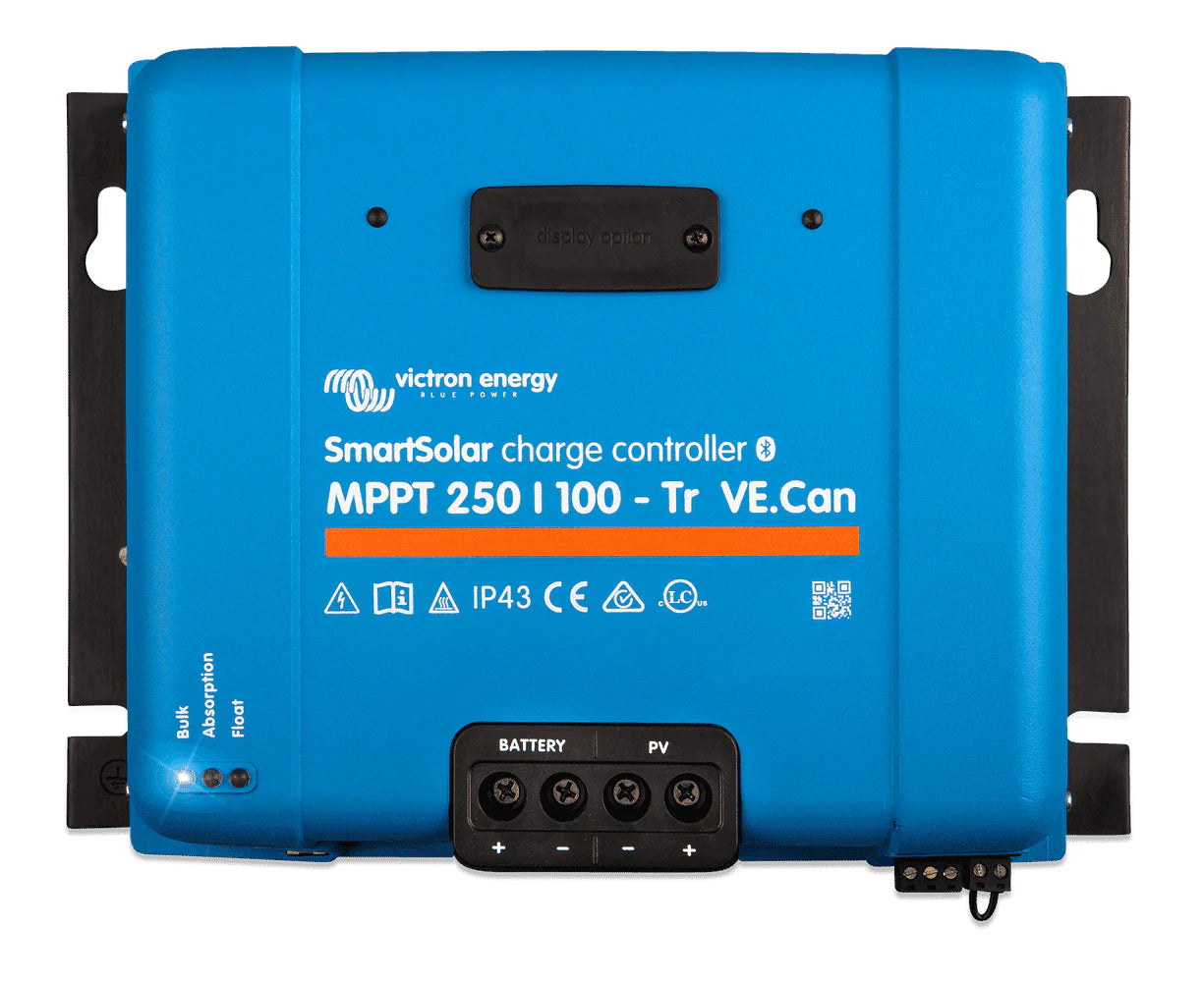 Front view of Victron SmartSolar MPPT 250/100-Tr VE.Can solar charge controller with terminal markings