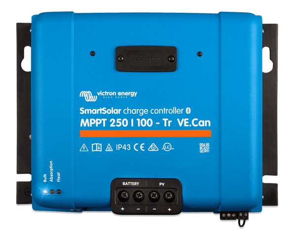 Front view of Victron SmartSolar MPPT 250/100-Tr VE.Can solar charge controller with terminal markings