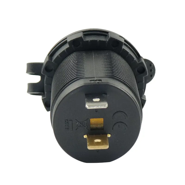 Rear view of 12V socket showing threaded housing and copper spade terminals