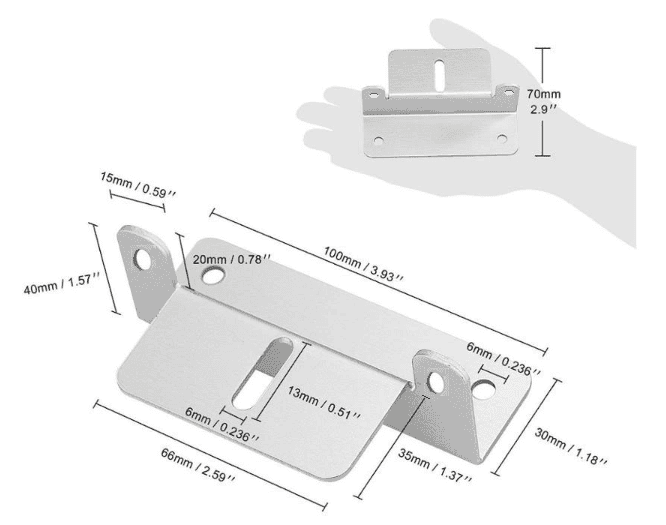 Technical dimensional drawing of solar panel bracket showing 100mm length, 70mm height and 66mm width