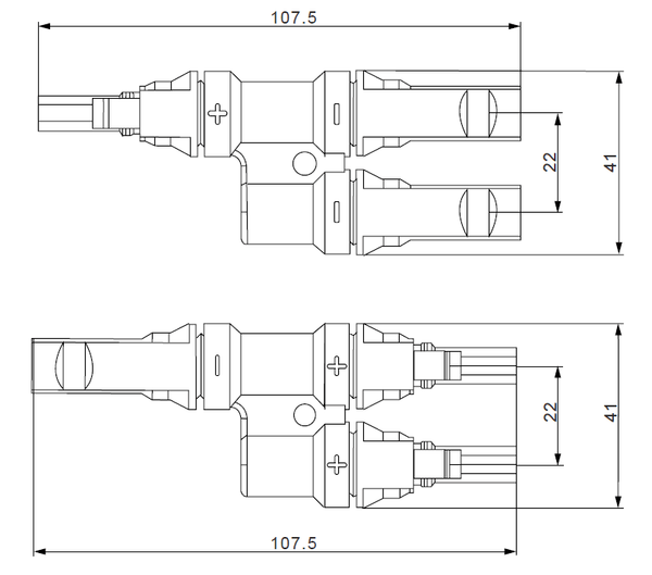 Technical dimension drawing of 2-to-1 branch connectors showing length and port spacing