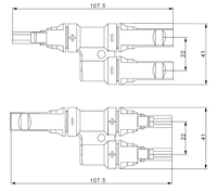 Technical dimension drawing of 2-to-1 branch connectors showing length and port spacing