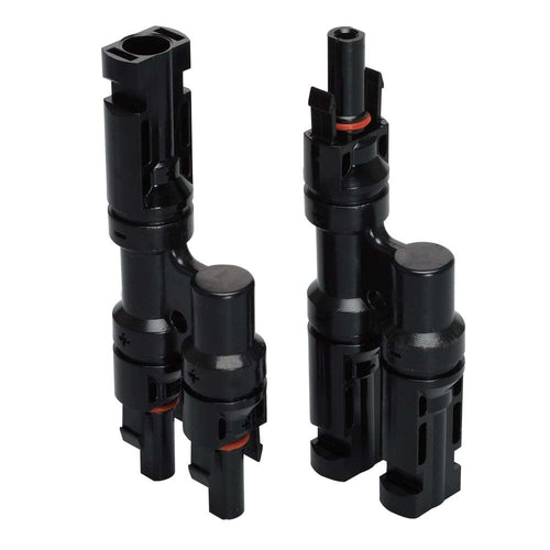 Pair of 2-to-1 solar branch connectors in h-style configuration for parallel wiring