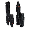 Pair of 2-to-1 solar branch connectors in h-style configuration for parallel wiring