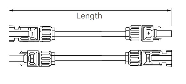 Technical schematic of twin solar cable detailing length and male female MC4 connector orientation