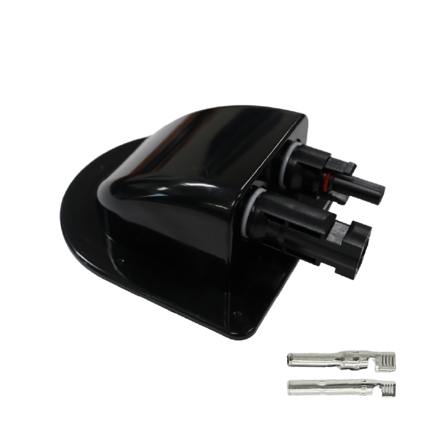 Black solar cable entry housing with two connectors and separate crimp terminals