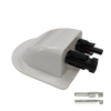 Angled view of white solar cable entry cover with integrated black connectors and loose crimp terminals