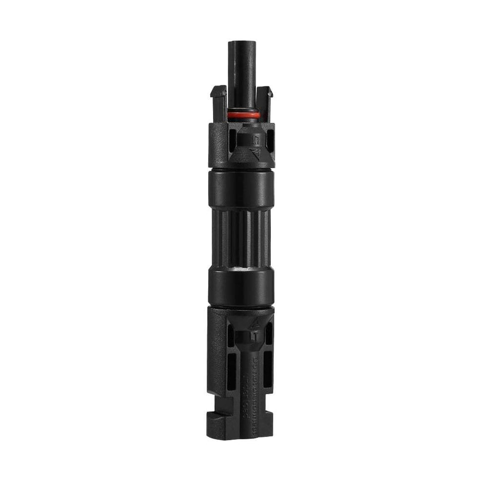 Side profile of black 20A solar diode connector showing ribbed grip surface