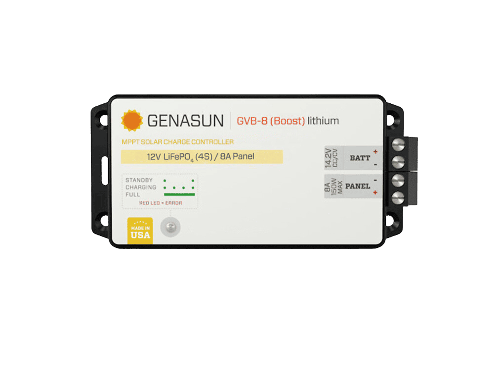 Top-down view of Genasun GVB-8-Li-14.2V MPPT solar controller showing LED indicators and terminals