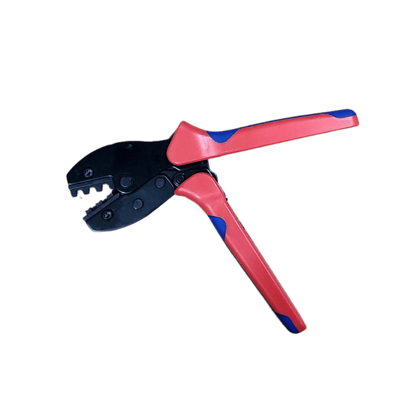 Open solar connector crimping tool displaying jaw alignment and ergonomic handle grip