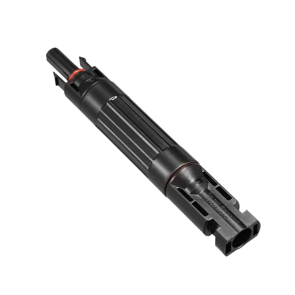 Diagonal view of solar fuse connector showing locking mechanism and strain relief