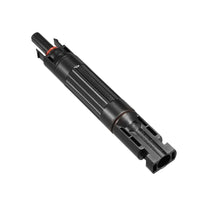 Diagonal view of solar fuse connector showing locking mechanism and strain relief