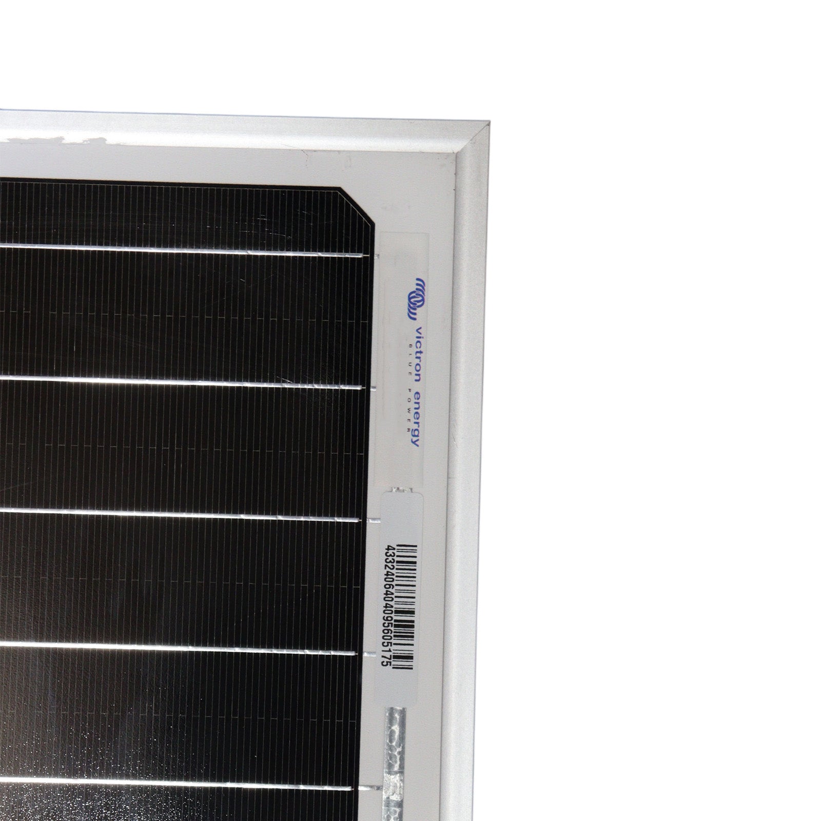 Close-up of the silver aluminium frame corner showing a Victron Energy label and barcode sticker