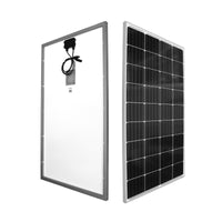 Front and rear view of 130W solar panel showing junction box and MC4 connectors