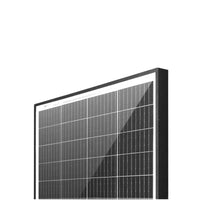 Angled close-up of solar panel top corner showing frame and glass