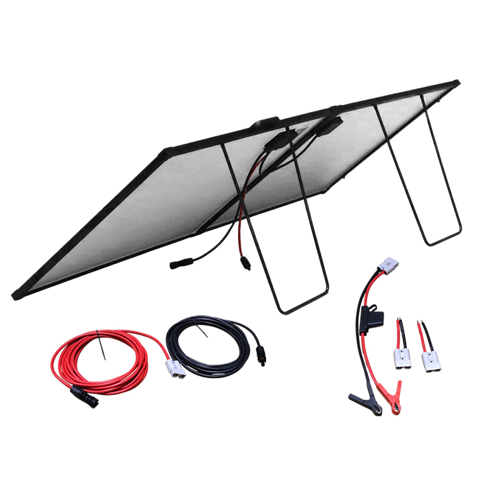 Rear view of solar panel showing support legs, cabling and included connection accessories