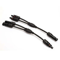 Alternate overhead view of the PV solar Y-splitter cables arranged flat on a white background
