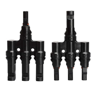 Front view of solar branch joiner pair showing mounting holes and polarity markings