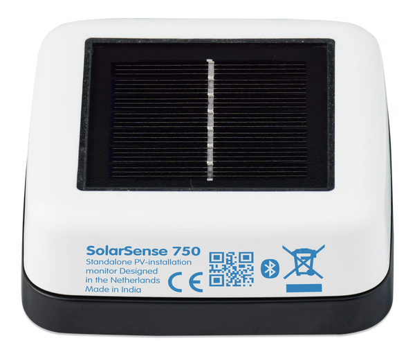 Front view of square solar monitor showing sensor cell and product labels