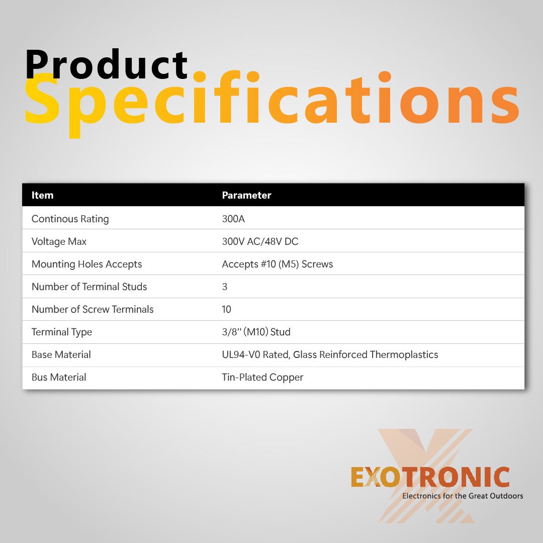 Product specifications table for Exotronic 300A busbar listing voltage and current ratings