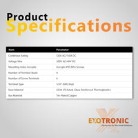 Product specifications table listing ratings, voltage, terminal counts and materials