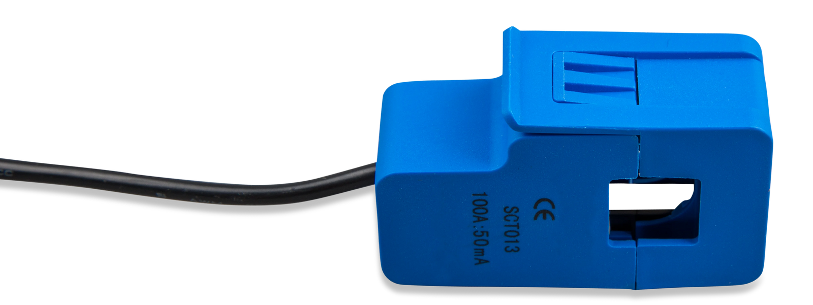 Side view of blue current transformer highlighting the secure snap-lock clip mechanism