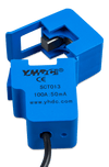 Close-up of the blue 100A to 50mA current transformer showing split-core opening