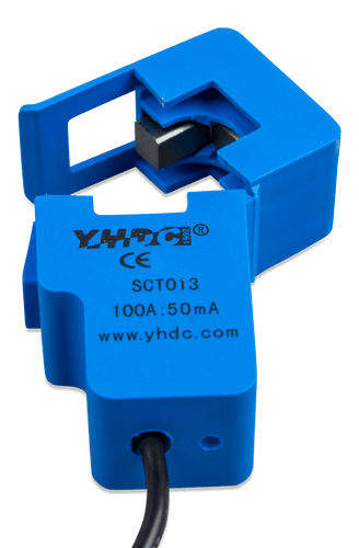 Close-up of the blue 100A to 50mA current transformer showing split-core opening