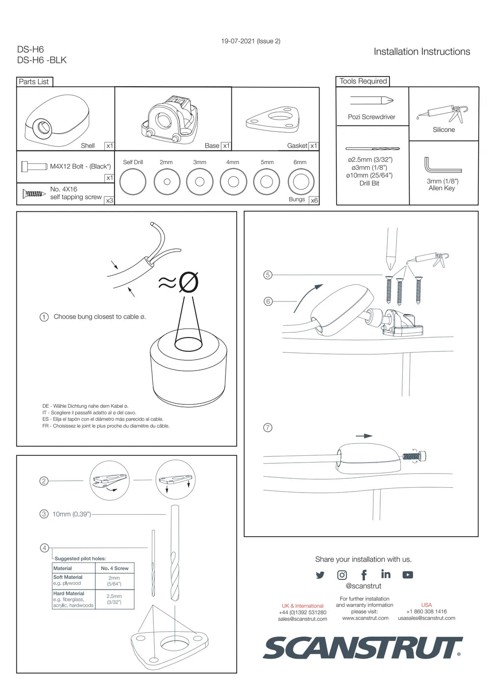 Installation instructions for Scanstrut DS-H6 horizontal cable seal