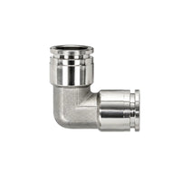 Side view of a 90-degree 304 stainless steel push-to-connect elbow fitting for 10mm OD tubing