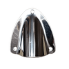 Top-down view of polished stainless steel clamshell cable entry cover with three mounting holes