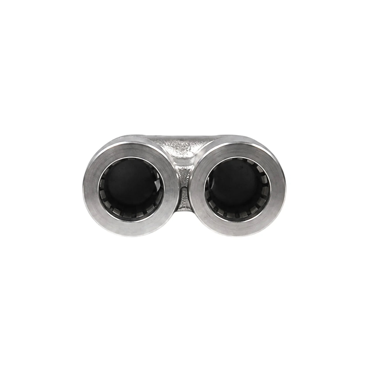 Top view of two 10mm push-in ports on a stainless steel Y-connector