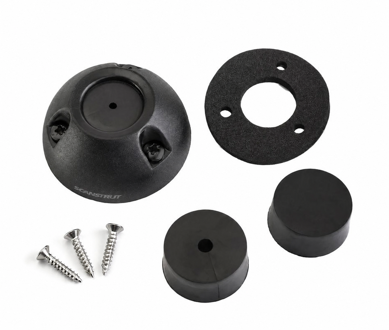 Components of black cable seal including dome housing, gasket, split bungs and stainless steel screws