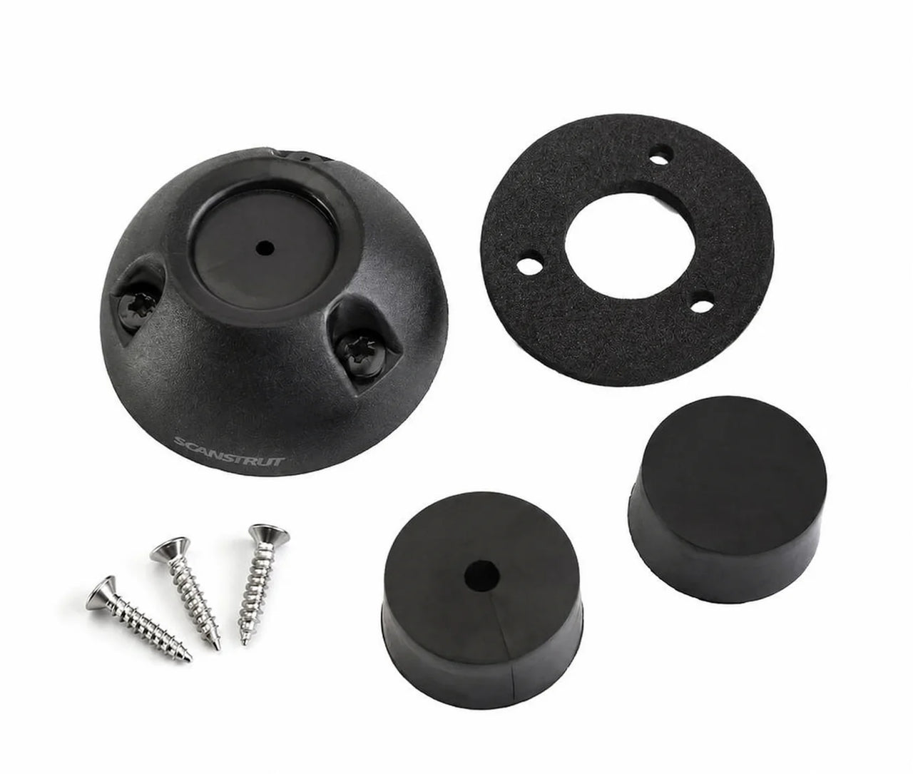 Components of black cable seal including dome housing, gasket, split bungs and stainless steel screws