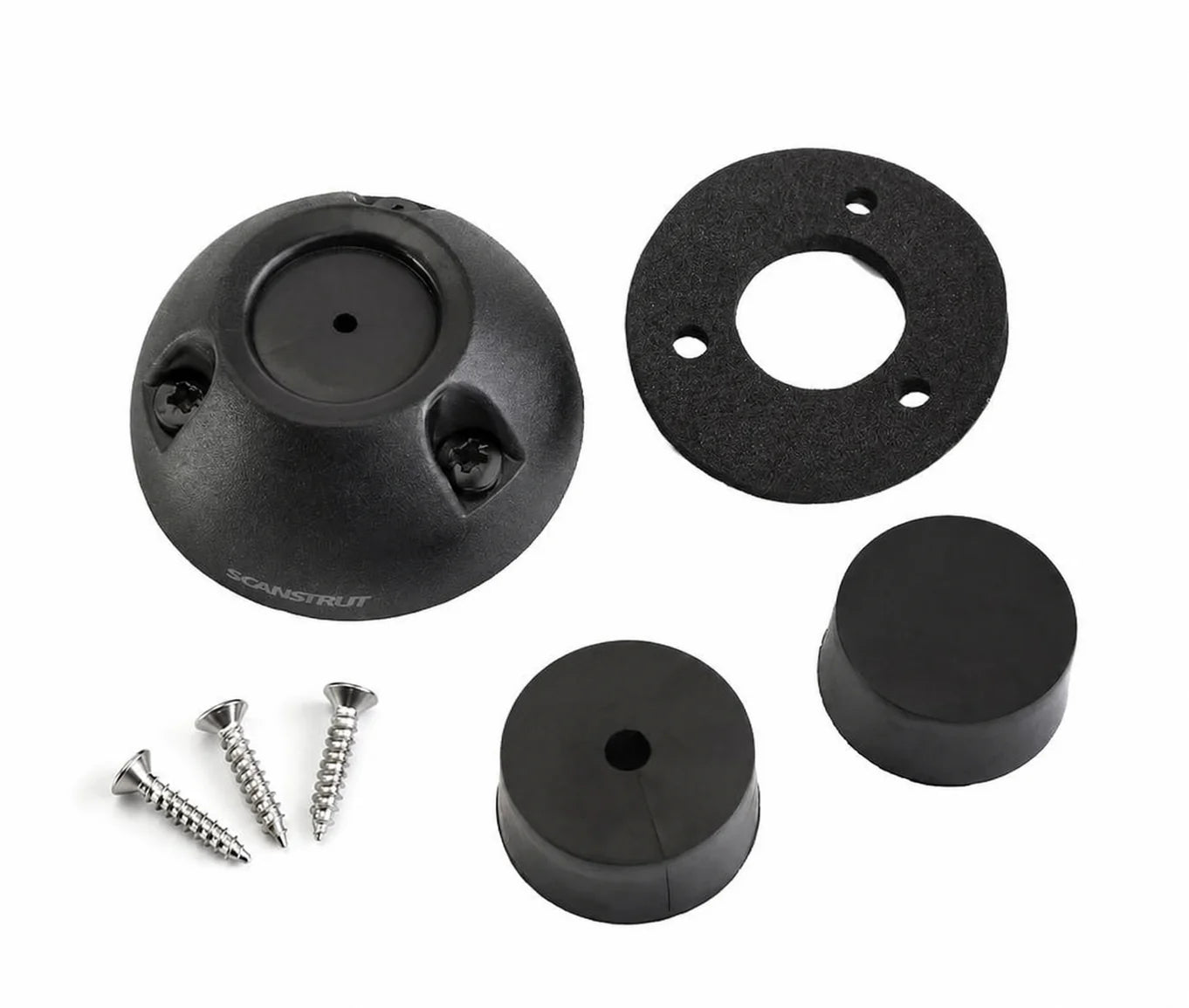 Components of black cable seal including dome housing, gasket, split bungs and stainless steel screws
