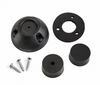 Components of black cable seal including dome housing, gasket, split bungs and stainless steel screws