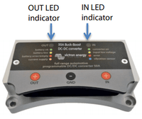 Close-up view of the LED indicators for output and input status on the converter panel