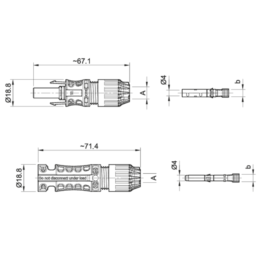 Dimensional technical drawing of MC4 Evo 2 connectors showing lengths of 67.1mm and 71.4mm and diameter of 18.8mm