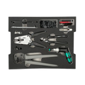 Top-down view of Stäubli MC4 toolset foam insert with crimping and stripping pliers