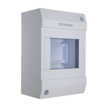 Angled view of white Exotronic 4-module surface mount DIN rail enclosure