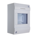 Angled view of white Exotronic 4-module surface mount DIN rail enclosure