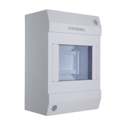 Angled view of white Exotronic 4-module surface mount DIN rail enclosure