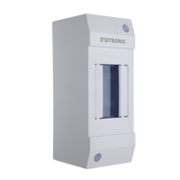 Angled view of a white Exotronic 2-module surface mount DIN rail enclosure
