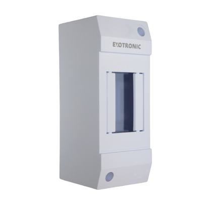 Angled view of a white Exotronic 2-module surface mount DIN rail enclosure