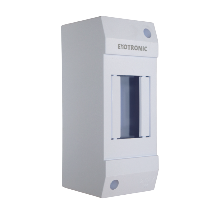 Angled view of a white Exotronic 2-module surface mount DIN rail enclosure