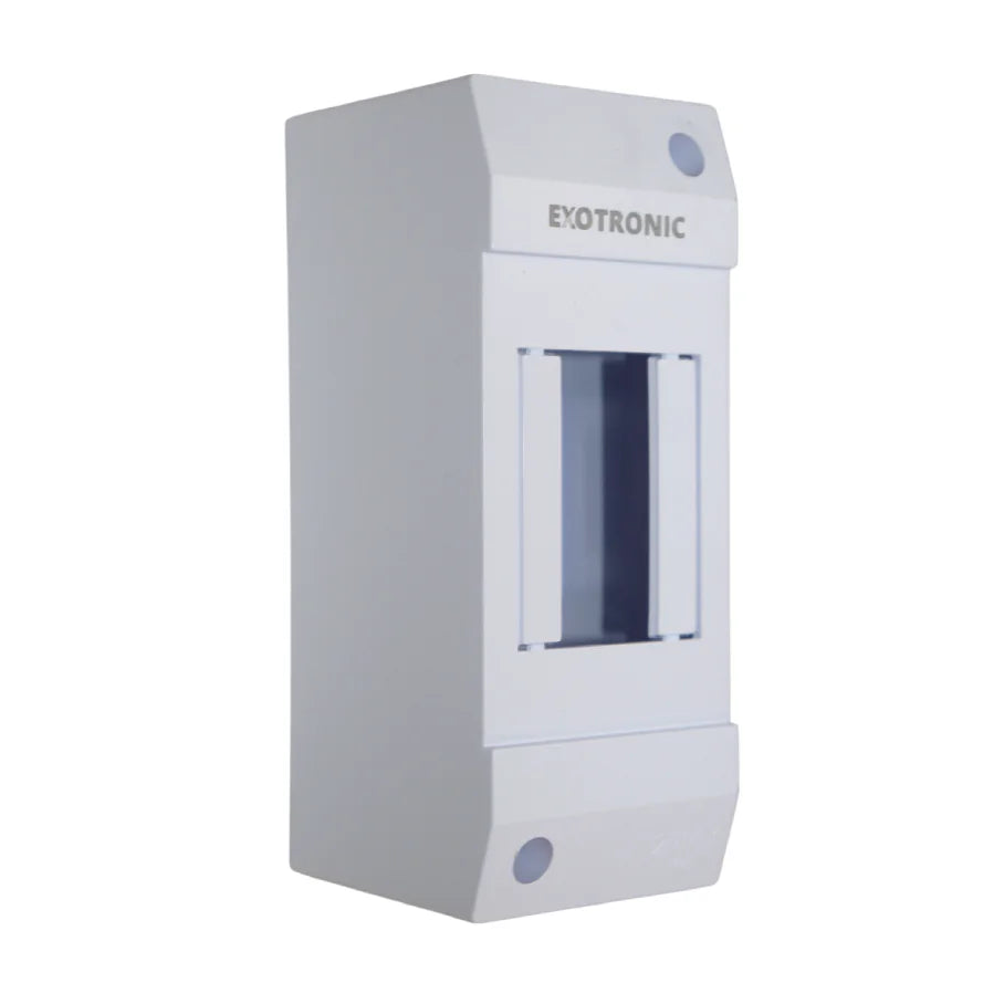 Angled view of a white Exotronic 2-module surface mount DIN rail enclosure