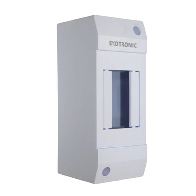 Angled view of a white Exotronic 2-module surface mount DIN rail enclosure