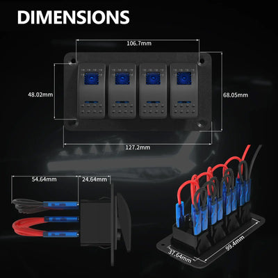 Dimension diagram of 4-gang switch panel showing width 127.2mm height 68.05mm and mounting spacing