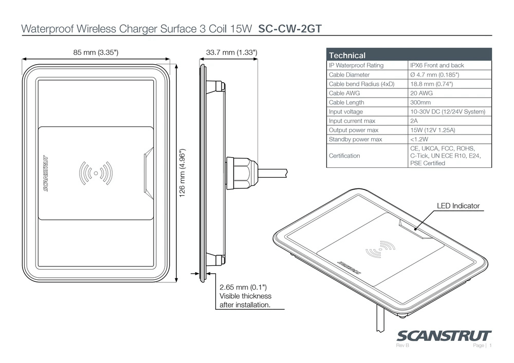 Technical drawing showing product dimensions and installation clearances